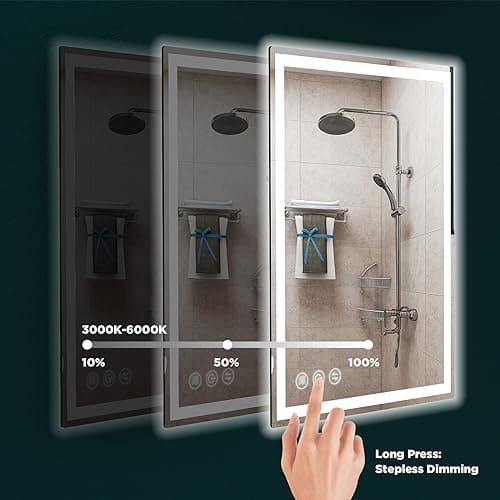 LED Bathroom Mirror 24"x 32" with Stepless Dimmable Wall Mirrors with Anti-Fog, Dimmable CRI>90, Vanity Mirror with 3 Color Modes, Shatter-Proof, Memory Bathroom Mirror with LED Lights 5
