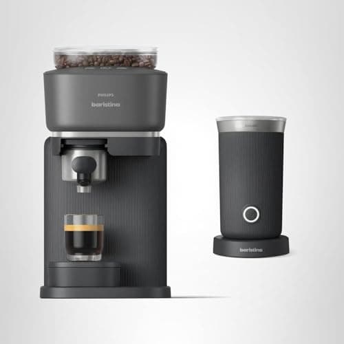 Philips Baristina Espresso Machine+Milk Frother Bundle. Real espresso. Compact coffee machine, portafilter, grinder, Cafe Crema. Dairy & Non-Dairy Milk foam​. Hot & Cold. Easy Clean. Black (BAR303/60) 12
