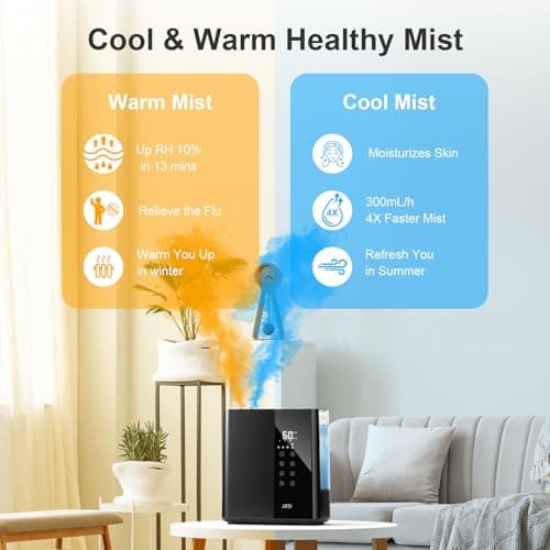 JRD Warm & Cool Mist Humidifiers for Bedroom 5L, Quiet Ultrasonic Air Humidifier Fast Symptom Relief, 50H Runtime, Oil Diffuser, 12H Timer, 7 Color Light for Large Room, Office, Baby, Plants-Black 9