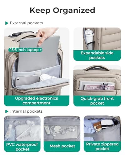 BAGSMART Carry On Luggage 22x14x9 Airline Approved, 20 Inch Soft Suitcase with Wheels, Lightweight Spinner Carry on Suitcase with PVC Wet/Dry Pockets for Short Trip, Camel 5