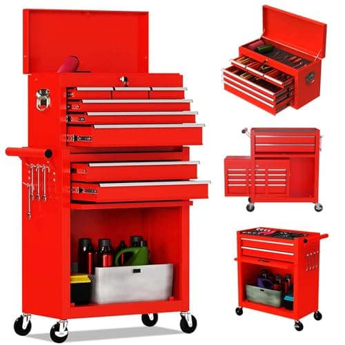 DUSACOM 8-Drawer High Capacity Rolling Tool Chest, Removable Cabinet Storage Tool Box with Wheels and Drawers, Detachable Toolbox with Lock for Workshop Mechanics Garage (8-Drawer, Red)