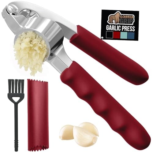 GORILLA GRIP Garlic Press and Peel Set, Heavy Duty Mincer Tool, Large Ergonomic Handle, Easily Mince and Crush Garlics, Ginger, Nuts, Seeds, Peeler Included, Peeling Cloves, Kitchen Gadgets, Red