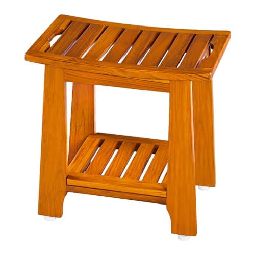 14" Compact Teak Shower Stool with Shelf & Handle - Waterproof, Non-Slip Bath Bench for Small Bathrooms/Tub/Outdoor Use, 300 lbs Capacity (Patented)