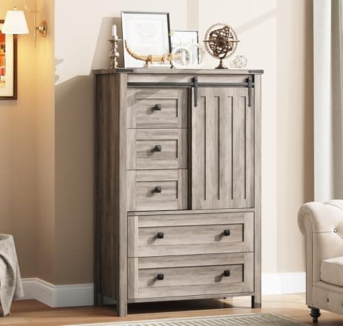 IDEALHOUSE Farmhouse 5 Drawer Dresser for Bedroom, 48" Tall Wood Dresser Chest of Drawer with Sliding Barn Door, Adjustable Shelf, Storage Organizer for Bedroom, Hallway, Living Room, Kitchen, Grey