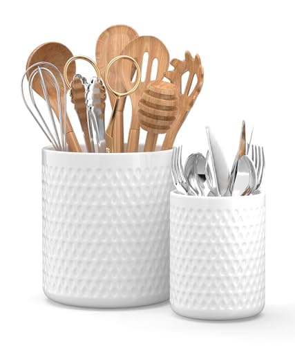 CLTIKACK Ceramic Utensil Caddy, Large Spatula Holder, 6.8 inch Cooking Utensil Holder for Kitchen Counter, Farmhouse Kitchen Decor for Silverware Spoon Crocks 2PCK