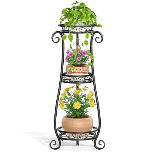 LASZOLA 3 Tier Black Metal Plant Stand for Multiple Large Planters Indoor Outdoor Organizer, Heavy Duty Tall Flower Stand for Corner Patio Bathroom Office, Modern Sturdy Vertical Iron Rack, Cat Proof