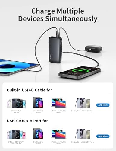 JOYFAR 1 Pack Portable Charger with Built-in USB-C Cable & Plug, 10,000mAh 5V/4.5A Power Bank Fast Charging 22.5W, Travel Essential Battery Pack 3 Output for iPhone 16/15 Series, Samsung Galaxy, iPad 6