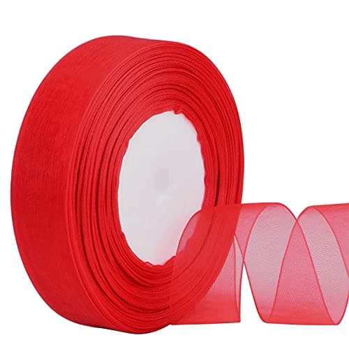Hapeper 1 Inch Sheer Organza Chiffon Ribbon, 50 Yards/Roll (Red)