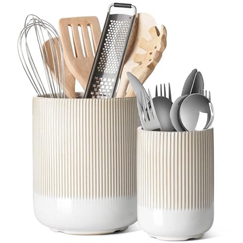 LE TAUCI Utensil Holder for Kitchen Counter, 7.3"+5.4" Fluted Ceramic Utensil Crock Organizer for Countertop, Heavy Large Holder for Spatulas, Spoons, Set of 2, Warm White Glaze