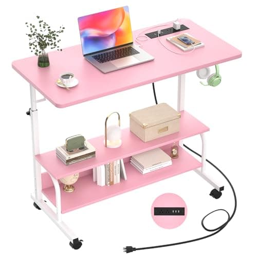 Armocity Rolling Standing Desk with Power Outlets, 32" Manual Height Adjustable Mobile Computer Desk with Wheels, Small Portable Sit Stand Laptop Couch Table for Bed & Sofa Home Office, Pink