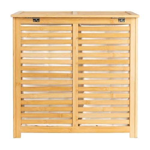Household Essentials Bamboo and Cotton Double Laundry Sorter with Lid and Removable Cotton Bags, Natural 7