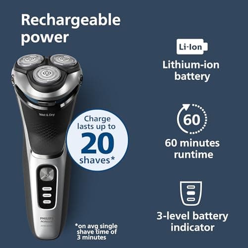 Philips Norelco Shaver 3900 Series, Wet and Dry Electric Shaver, P-Cap, Travel Pouch, Charging Stand, Storm Blue, Model S3341/92 7