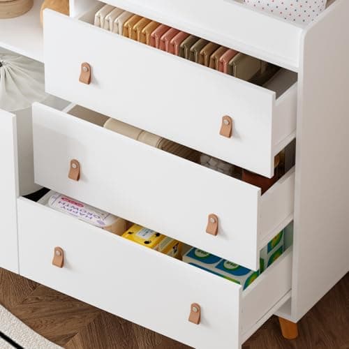 ROMSHINE Baby Dresser with Changing Table Top, 4 Drawers Nursery Dresser with Removable Guard, Infant Diaper Changing Station Baby Cloth Organizer for Nursery and Kids Bedroom, White - 44.9" W 6