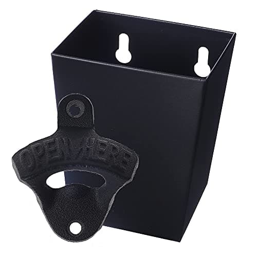 Jumiok Satin Black Cast Iron Bottle Opener Wall Mounted with Bottle Cap Catcher Narrow
