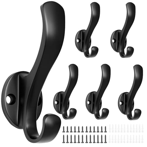 Ruiziiz Coat Hooks Heavy Duty - Wall Mount Metal Towel Hooks Screw-in Wall Hooks for Hanging Hat, Towel, Key, Robe, Scarf, Bag, Cap (6 PCS Black)