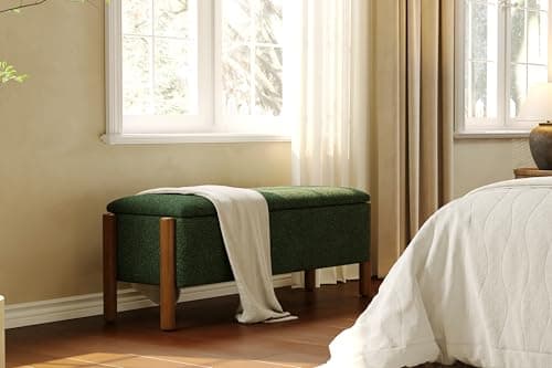 Quenvo Modern Storage Benches with Walnut Wood Legs, 47'' Ottoman Bench with 20 Gallons Storage Space for Bedroom End of Bed, Fabric Upholstered Entryway Bench with Seating for Livingroom, Green 5