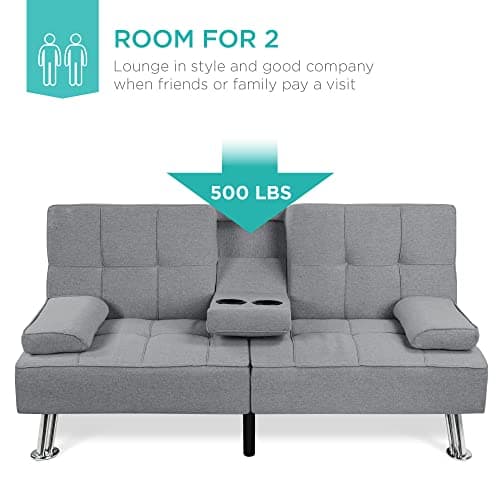 Best Choice Products Linen Modern Folding Futon, Reclining Sofa Bed for Apartment, Dorm w/Removable Armrests, 2 Cupholders - Gray 5