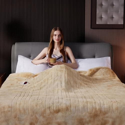 Guohaoi Heated Blanket Electric Throw, Soft Faux Rabbit Fur Electric Blanket with 10 Heating Levels 5 Sitting Timer Auto Off, Cozy Warm Heating Blankets, Machine Washable(50"×60" Beige) 6