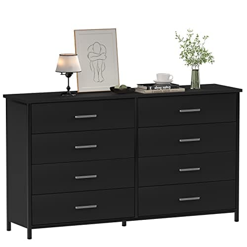 IKENO 8 Drawer Dresser for Bedroom, Industrial Wood Dresser Wide 8 Chest of Drawers, Wooden Storage Organizer Dresser with Sturdy Steel Frame (Black) 9