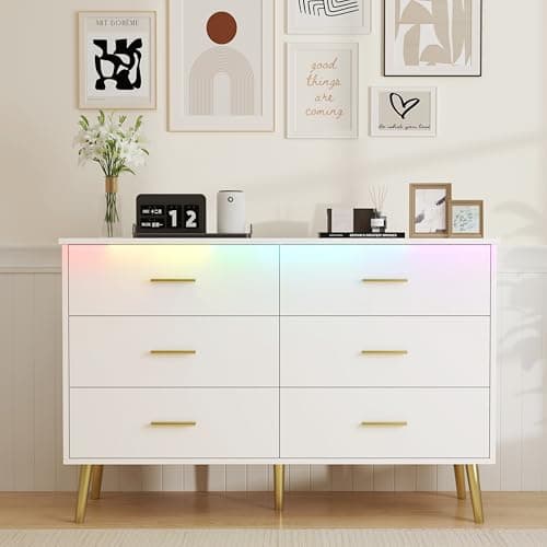 White Dresser for Bedroom, Dressers & Chests of Drawers for Clothes Storage, Wood Dresser for Closet with 6 Drawers, Wide Long Clothes Organizer with LED Light for Hallway, Entryway, Metal Handles
