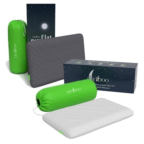Umiboo Thin 2.5-Inch Memory Foam Flat Pillow for Stomach and Back Sleepers/Memory Foam, 2-Pack (White-Gray)