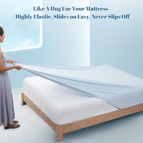 PHF Luxury Cooling Fitted Sheet King Size for Spring Summer, Breathable Q-Max > 0.47 Widen 18" Deep Pocket Silky Bottom Sheet for Hot Sleeper Night Sweats, Ice Blue 7