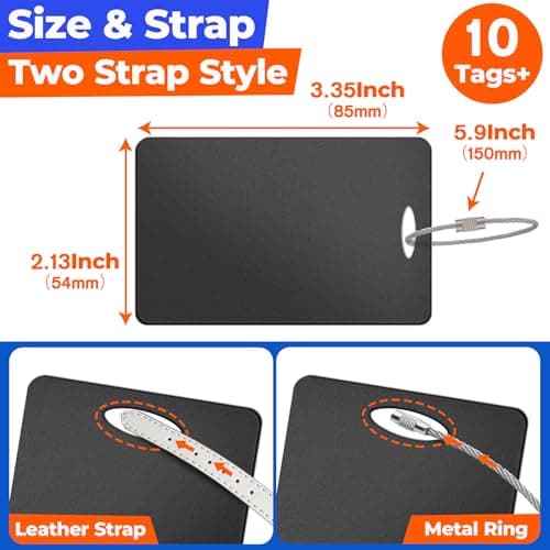 10 PCS Personalized Luggage Tags, Custom Engraved Aluminum Luggage Tags for Family, Metal Luggage Tags for Suitcases, Backpack, Custom Solid Brass Luggage Tag with Strap, Two Sided Engraving (Black) 5