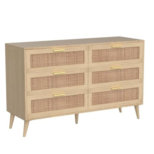 Rovaurx Rattan 6 Drawer Double Dresser for Bedroom, 47.2" Wide Boho Chest of Drawers, Modern Wooden Dresser Chest with Golden Handles, Beside Table for Closet, Living Room and Entryway, Natural Oak 5