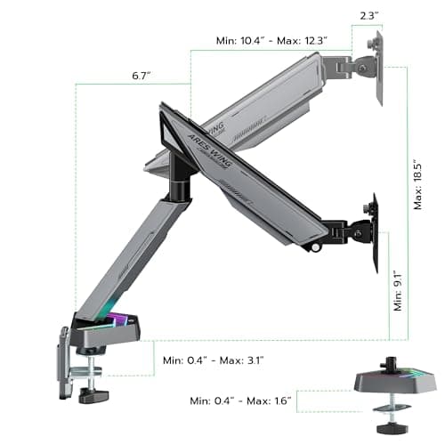 ARES WING RGB Single Monitor Arm Desk Mount for 17-45 inches Flat and Curved Monitors, Holds 35.2 lbs Heavy Duty, Adjustable Ultrawide Monitor Arm with Clamp & Grommet Base, 75/100 VESA Mount, Gray 9