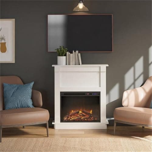 Ameriwood Home Ellsworth Fireplace with Mantel, White - Cozy Electric Heater for Home & Kitchen, 400 sq. ft. Heating, Remote Control, Neutral Finish 2