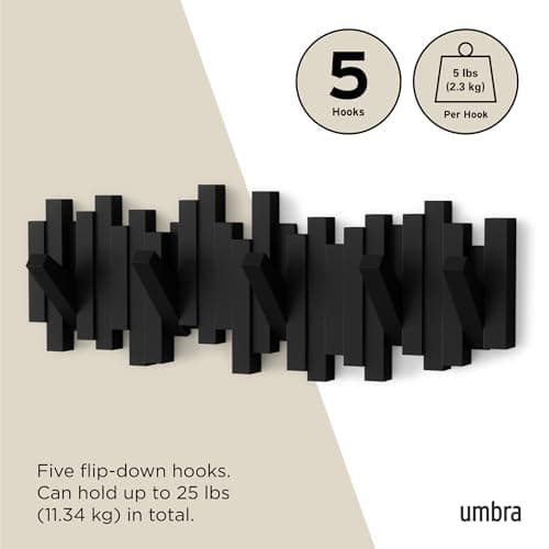 Umbra Sticks Wall-Mounted Coat Rack Rail Hook with 5 Retractable Pegs – Modern, Space-Saving Storage Organizer, Black 5