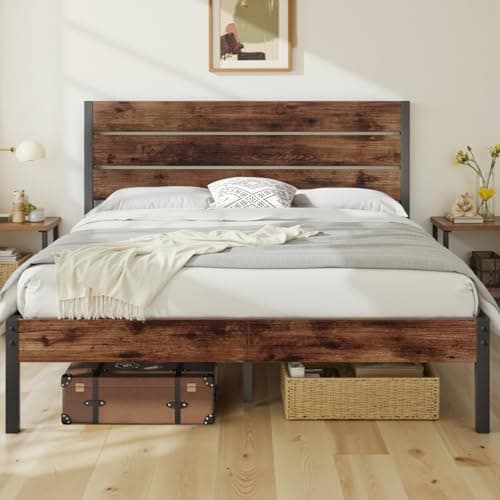 Fluest Queen Bed with Headboard and Footboard, with Under Bed Storage, All-Metal Support System, No Box Spring Needed, Easy Assembly,Retro Brown