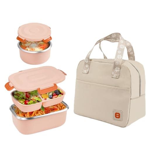 BEVISS 18/8 Stainless Steel Bento Box, Bento Lunch Box with Soup Bowl for Kids and Adults, Food Containers with Bag for Office or School, Pink