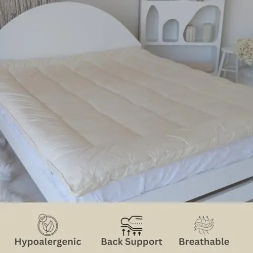 Purevana 100% Merino Wool Mattress Topper for Back Pain Relief Natural Handmade Merino Wool Pad 1 Inch Thick Cooling Breathable with 2 Elastic Straps, Ivory Queen 60x80 Inches 2