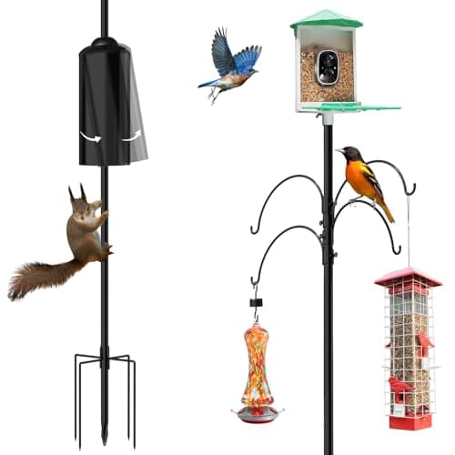 Birdkiss Shepherd Hook Pole for Garden：Adjustable Heavy Duty Outdoor Squirrel Proof Bird Feeder Pole Mount Kit with 5 Prongs Base 90 Inch with 4 Hooks Hanging for Bird Feeder and Birdhouse.