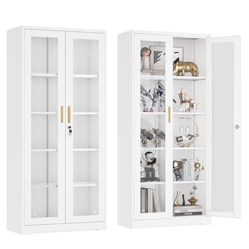 UNICOLY Lockable Display Cabinet with Glass Doors, Curio Cabinets with 4 Adjustable Shelves, Liquor Bookcase Bookshelf with Doors, Metal Storage Cabinet for Living Room Pantry, White