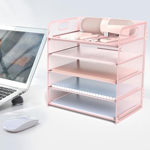Sinboun Letter Tray Paper Organizer 5-Tier Desk Organizer File Organizer Paper Holder with Handle, Metal Desktop Document Shelf Tray Office Classroom Organization - Pink, PK5CENGTISHOU 6