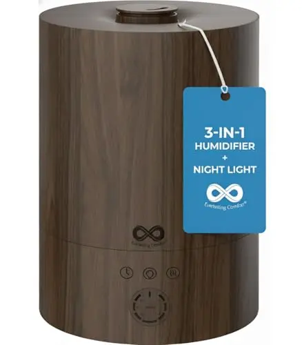 Everlasting Comfort 2.5L Top Fill Humidifier for Bedroom – Quiet, Easy to Fill & Clean, 24HR Runtime, Night Lights, Timer, Ultrasonic Cool Mist, Auto Shut-Off, Essential Oil Diffuser - Dark wood