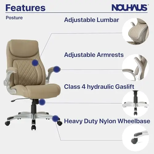 Nouhaus +Posture Ergonomic PU Leather Office Chair. Click5 Lumbar Support with FlipAdjust Armrests. Modern Executive Chair and Computer Desk Chair (Taupe) 6
