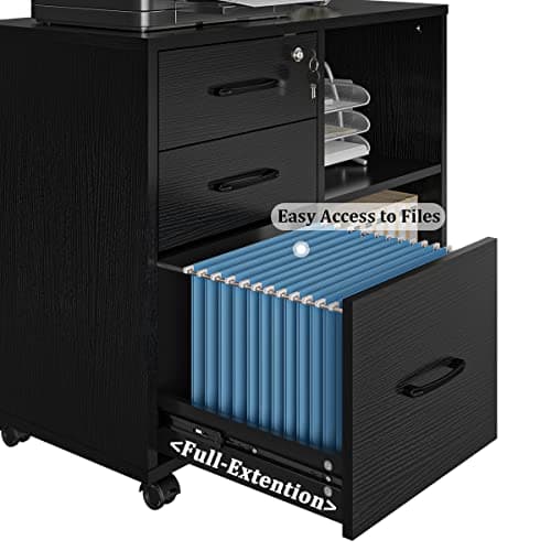 Panana 3 Drawer Office File Cabinets, Mobile Lateral Printer Stand with Open Storage Shelf, Rolling Filing Cabinet with Wheels Home Office Organization and Storage (Black) 7