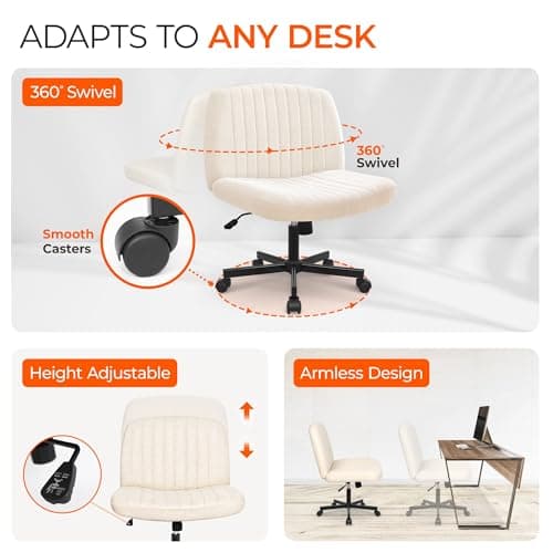 Orange Factory Criss Cross Chair Wheels Wide Cross Legged Office Desk Vanity Chair Comfy Fabric Armless Adjustable Swivel for Home Computer Task (Beige) 6