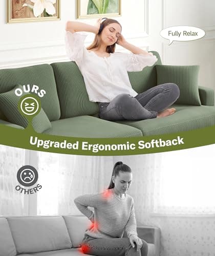 87in Corduroy Couch, Kidirect Sofa No Tool Assembly, Comfy Couches for Living Room 21in Deeper Seats, Corduroy Sofas for Living Room with 2 Pillows, Oversized Loveseat Sofa, Boho Love Seat Green Couch 5