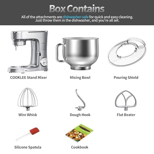 COOKLEE Stand Mixer, 9.5 Qt. 660W 10-Speed Electric Kitchen Mixer with Dishwasher-Safe Dough Hooks, Flat Beaters, Wire Whip & Pouring Shield Attachments for Most Home Cooks, SM-1551, Silver 5