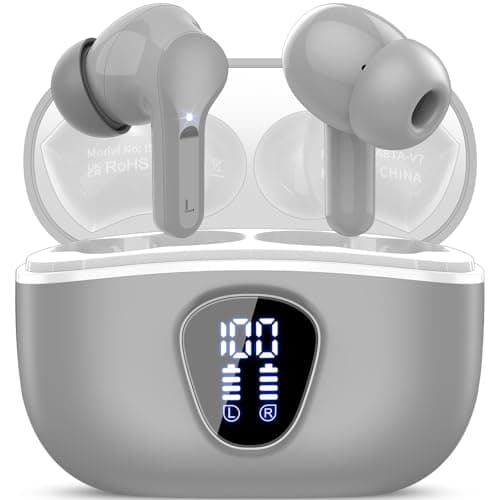 Wireless Earbuds, Bluetooth 5.4 Headphones HiFi Stereo, Bluetooth Earbuds with ENC Noise Cancelling Mic, IP7 Waterproof in Ear Earphones, 48H, LED Display Ear buds for Pad Phones Workout Sports, Grey
