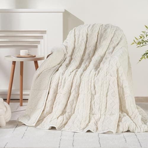 Wemore Weighted Blanket for Adults Twin Size 15 lbs, Dual Sided Soft Fuzzy Jacquard Sherpa Weighted Blankets for Sleeping, Cozy Fluffy Knitted Heavy Blanket for Couch Bed, Cream White, 60 x 80 inches