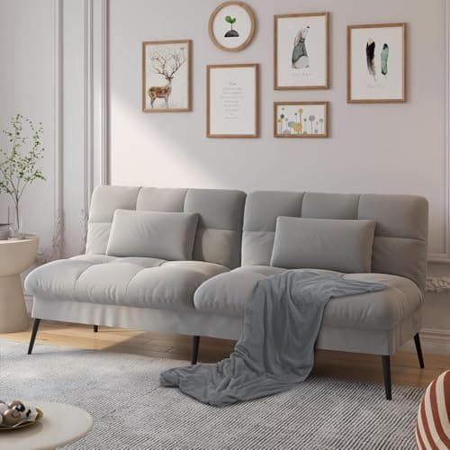 COMHOMA Convertible Sofa Bed,68″Fabric Couch with Adjustable Backrest,Loveseat Recliner Sleeper Living Room Furniture futon Set,Grey