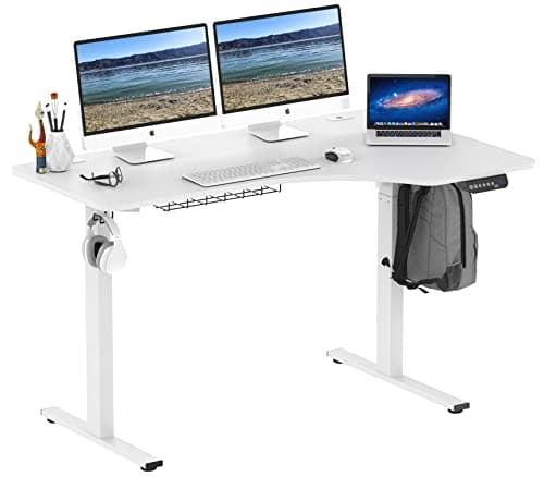 SHW 55-Inch Large Electric Height Adjustable L-Shaped Standing Desk with Right Facing Corner, White