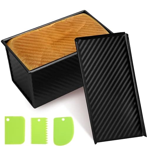 Spmarkt 1lb Bread Pan with Dough Scraper Cutter, 8.4 X4.8inch Black Bread Loaf Pan, Rectangular Covered Metal Pullman Loaf Pan with Lid for Homemade Sandwich Bread 8