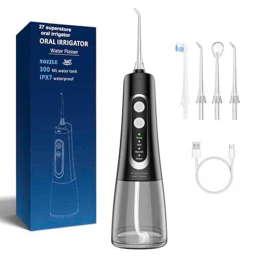 27 Superstore Water Flosser for Teeth – Portable 300ML Oral Irrigator, Electric Rechargeable, Waterproof, with 5 Jet Tips for Dental Cleaning, Travel-Friendl