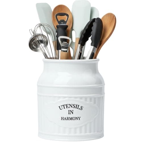 URBANYARD Ceramic Utensil Holder, 6.9" Large White Utensil Crock for Kitchen Countertop, Farmhouse Rustic Ceramic Kitchen Organizer for Cooking Tools and Utensils